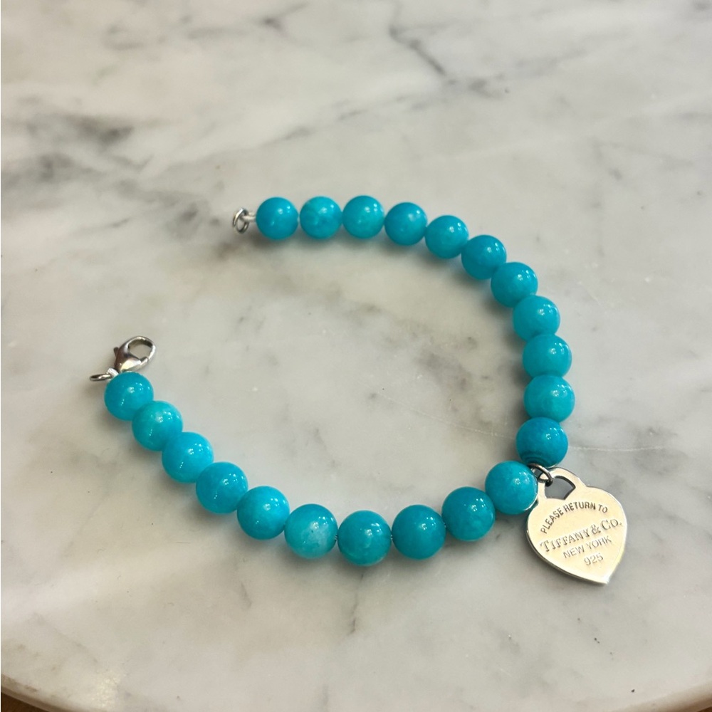 Tiffany & Co. .925 Amazonite Bead Silver Return to Tiffanys Heart Charm Bracelet - Picture 4 of 7
